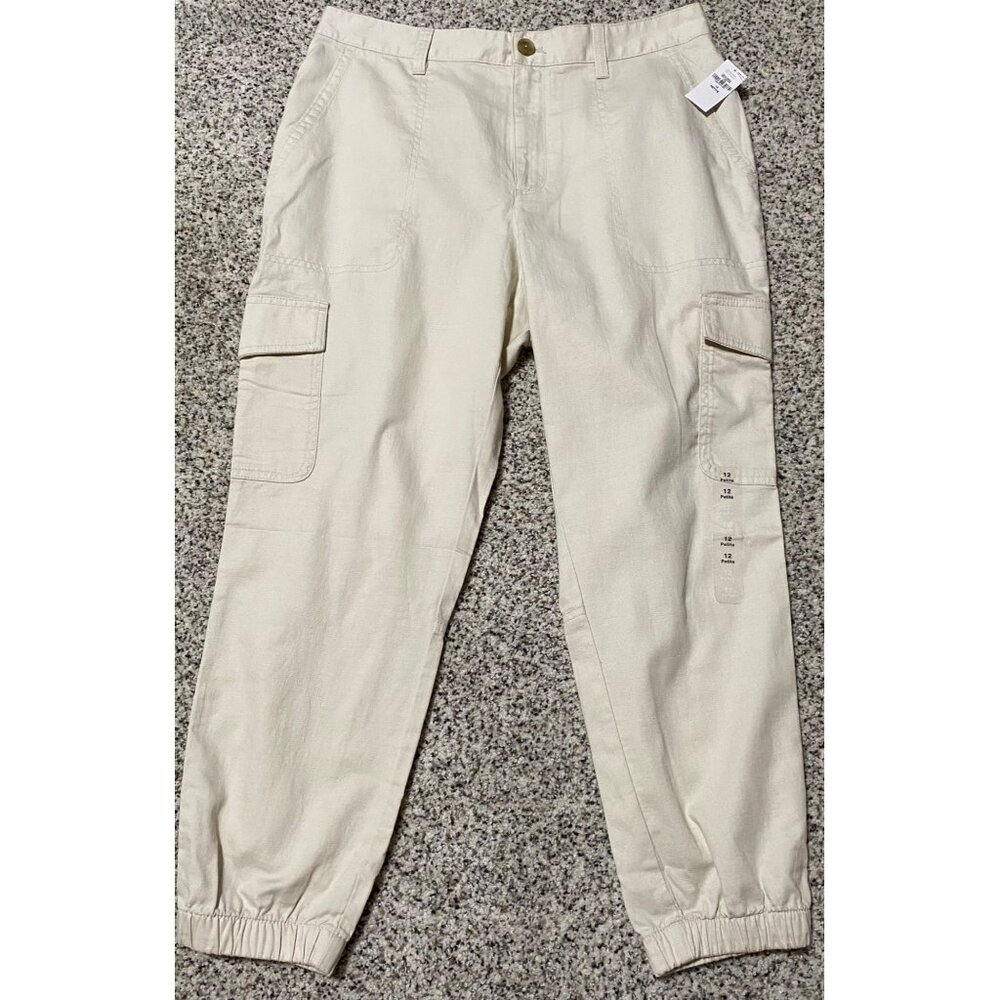 GAP Girlfriend JOGGER Elastic Waist Cargo Twill  Pants White  Size 12 Petite 12P